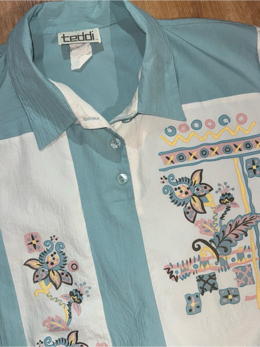 Vintage Teddi Sunflower Light Blue Button Up Blouse Color Block sz XL mom core